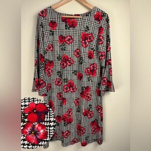 Tommy Hilfiger Sz 10 Woman's Black Gray Red Floral Houndstooth Bell Sleeve Dress